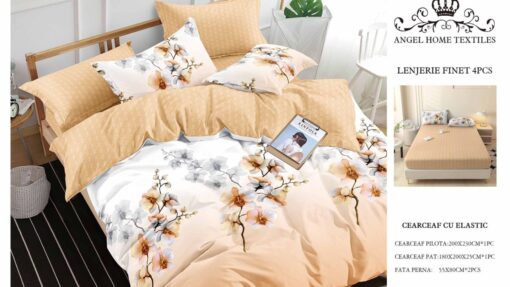 Lenjerie cu Elastic din Bumbac tip Finet pentru Pat Dublu, 4 Piese, cu 2 Fete de Perna