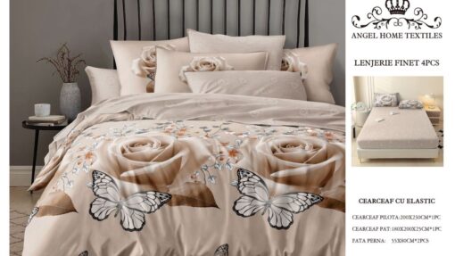 Lenjerie cu Elastic din Bumbac tip Finet pentru Pat Dublu, 4 Piese, cu 2 Fete de Perna