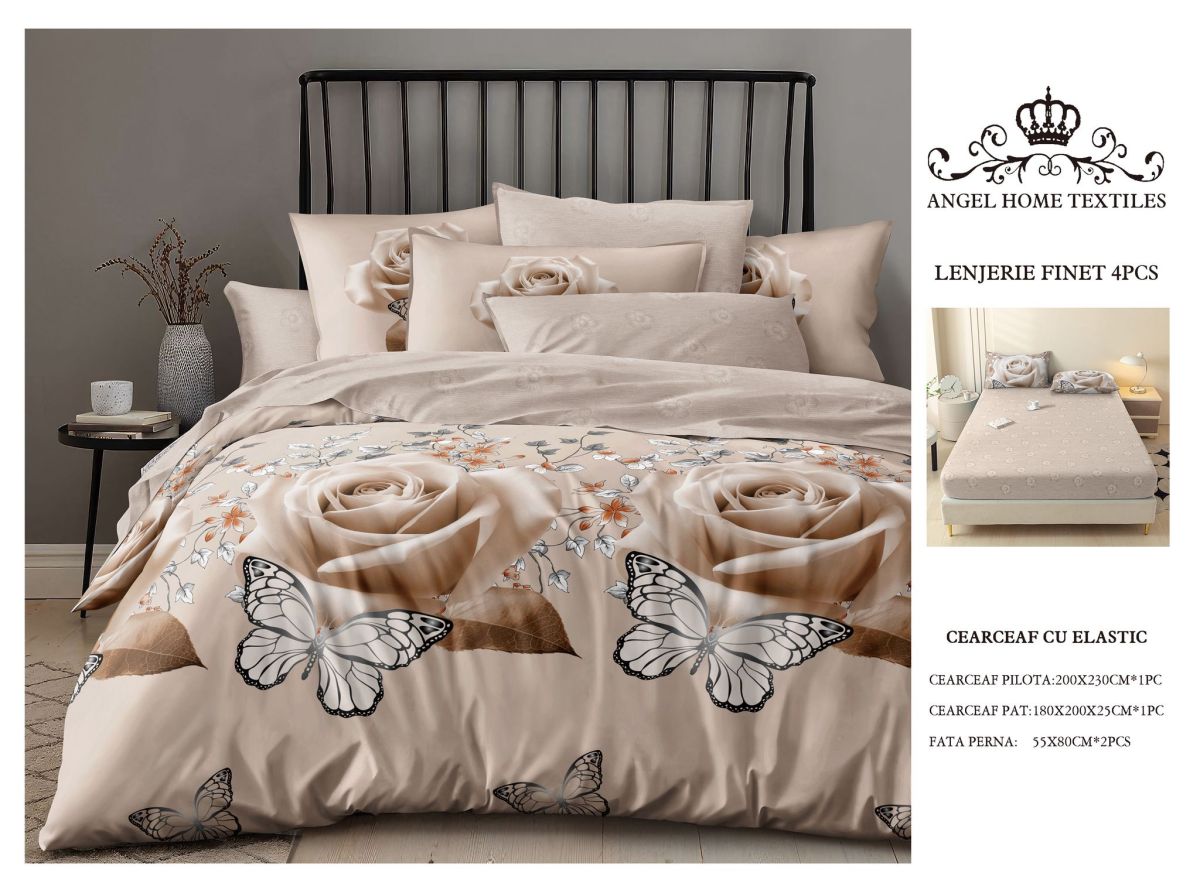 Lenjerie cu Elastic din Bumbac tip Finet pentru Pat Dublu, 4 Piese, cu 2 Fete de Perna