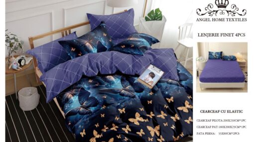 Lenjerie cu Elastic din Bumbac tip Finet pentru Pat Dublu, 4 Piese, cu 2 Fete de Perna