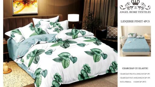 Lenjerie cu Elastic din Bumbac tip Finet pentru Pat Dublu, 4 Piese, cu 2 Fete de Perna
