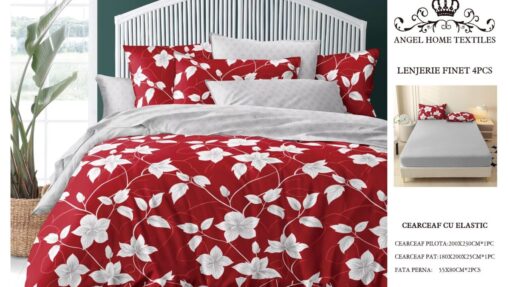 Lenjerie cu Elastic din Bumbac tip Finet pentru Pat Dublu, 4 Piese, cu 2 Fete de Perna