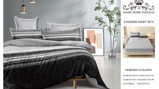 Lenjerie cu Elastic din Bumbac tip Finet pentru Pat Dublu, 4 Piese, cu 2 Fete de Perna