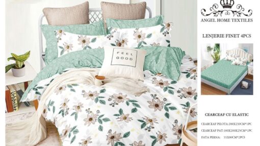 Lenjerie cu Elastic din Bumbac tip Finet pentru Pat Dublu, 4 Piese, cu 2 Fete de Perna