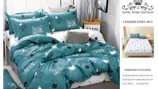 Lenjerie cu Elastic din Bumbac tip Finet pentru Pat Dublu, 4 Piese, cu 2 Fete de Perna