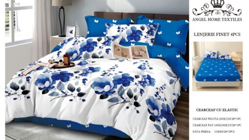Lenjerie cu Elastic din Bumbac tip Finet pentru Pat Dublu, 4 Piese, cu 2 Fete de Perna