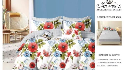 Lenjerie cu Elastic din Bumbac tip Finet pentru Pat Dublu, 4 Piese, cu 2 Fete de Perna