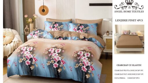Lenjerie cu Elastic din Bumbac tip Finet pentru Pat Dublu, 4 Piese, cu 2 Fete de Perna