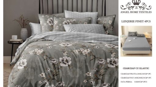Lenjerie cu Elastic din Bumbac tip Finet pentru Pat Dublu, 4 Piese, cu 2 Fete de Perna