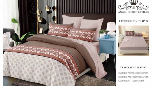 Lenjerie cu Elastic din Bumbac tip Finet pentru Pat Dublu, 4 Piese, cu 2 Fete de Perna