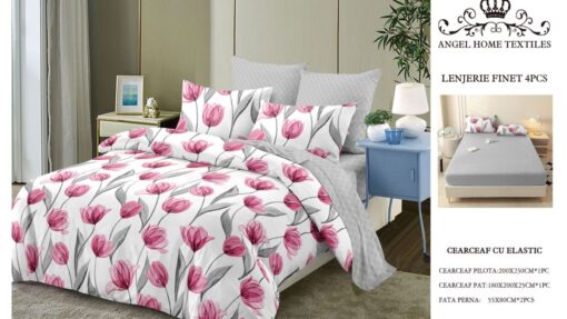 Lenjerie cu Elastic din Bumbac tip Finet pentru Pat Dublu, 4 Piese, cu 2 Fete de Perna
