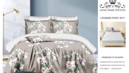 Lenjerie cu Elastic din Bumbac tip Finet pentru Pat Dublu, 4 Piese, cu 2 Fete de Perna