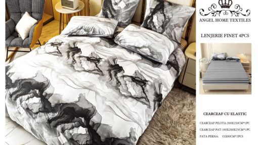 Lenjerie cu Elastic din Bumbac tip Finet pentru Pat Dublu, 4 Piese, cu 2 Fete de Perna