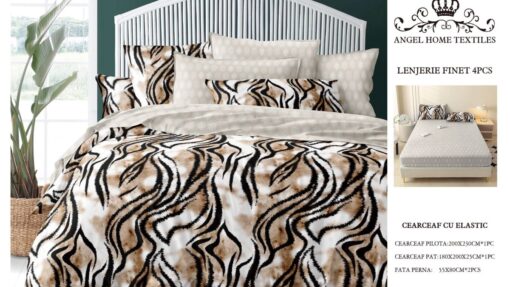Lenjerie cu Elastic din Bumbac tip Finet pentru Pat Dublu, 4 Piese, cu 2 Fete de Perna