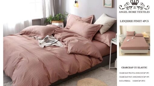 Lenjerie cu Elastic din Bumbac tip Finet pentru Pat Dublu, 4 Piese, cu 2 Fete de Perna