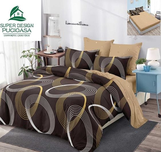 Lenjerie Premium Multicolor din Bumbac Finet cu 6 Piese pentru pat dublu