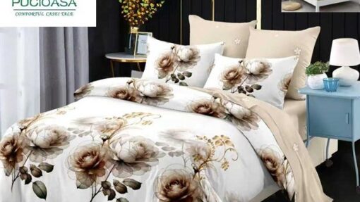 Lenjerie Premium Multicolor din Bumbac Finet cu 6 Piese pentru pat dublu