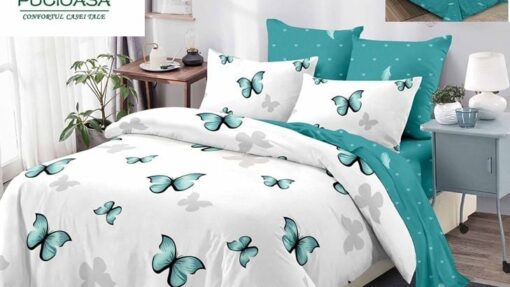 Lenjerie Premium Multicolor din Bumbac Finet cu 6 Piese pentru pat dublu