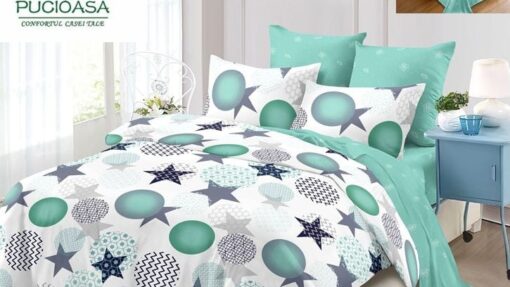 Lenjerie Premium Multicolor din Bumbac Finet cu 6 Piese pentru pat dublu