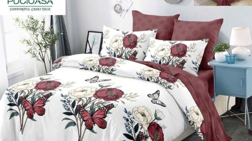 Lenjerie Premium Multicolor din Bumbac Finet cu 6 Piese pentru pat dublu