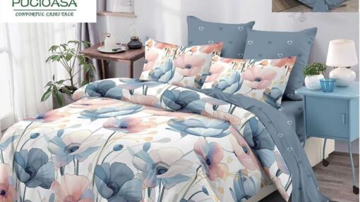 Lenjerie Premium Multicolor din Bumbac Finet cu 6 Piese pentru pat dublu