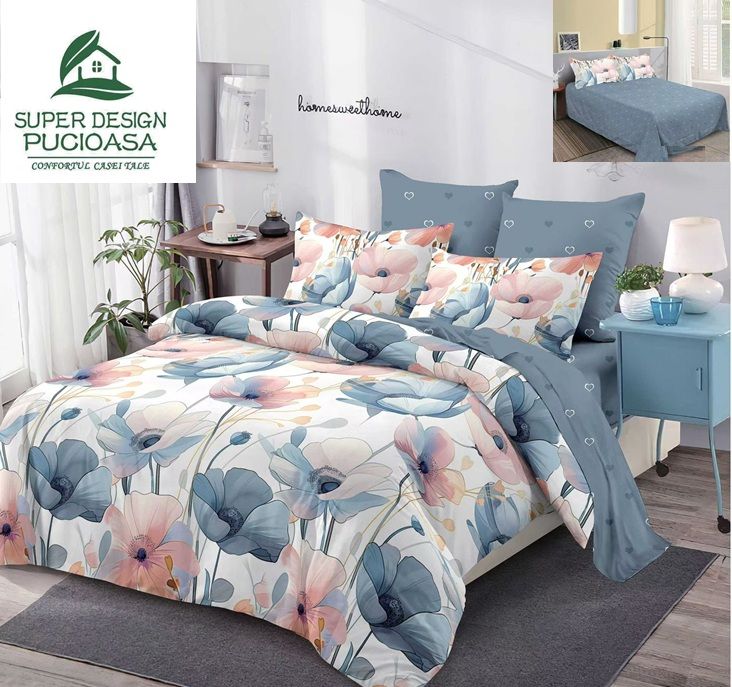Lenjerie Premium Multicolor din Bumbac Finet cu 6 Piese pentru pat dublu