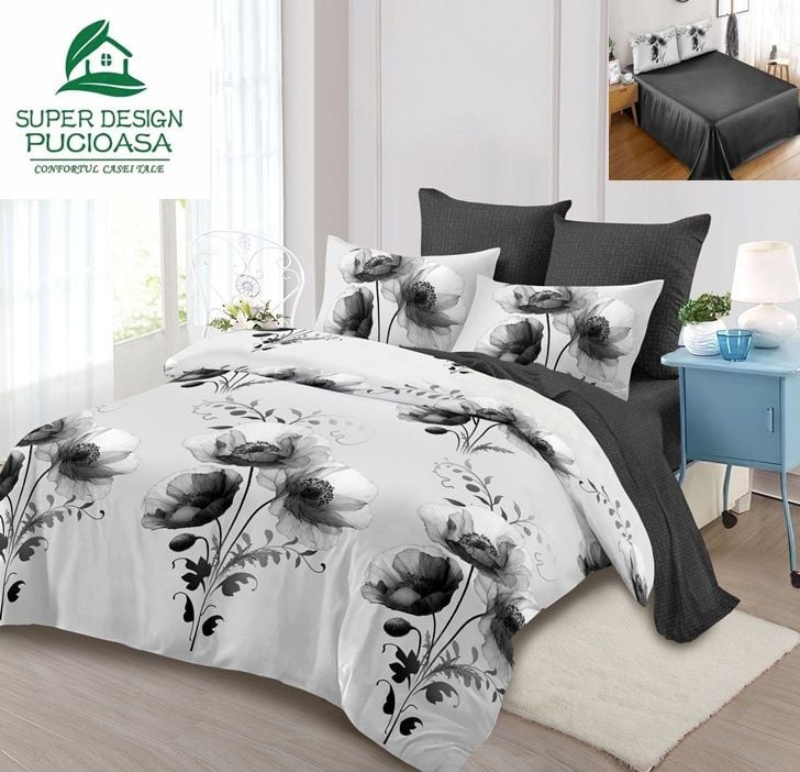 Lenjerie Premium Multicolor din Bumbac Finet cu 6 Piese pentru pat dublu