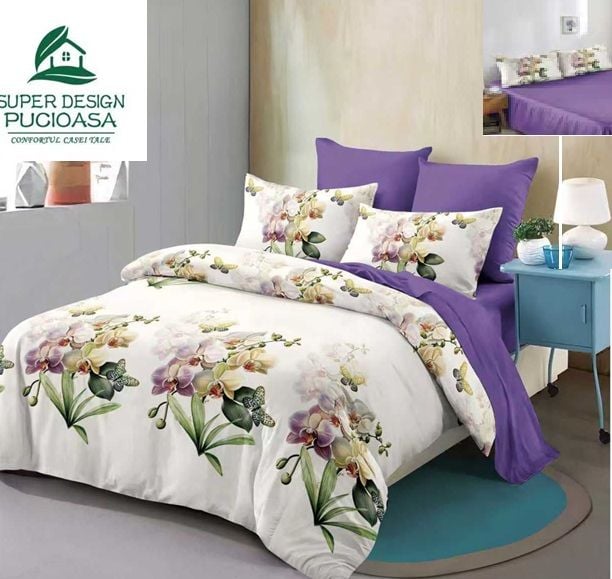 Lenjerie Premium Multicolor din Bumbac Finet cu 6 Piese pentru pat dublu