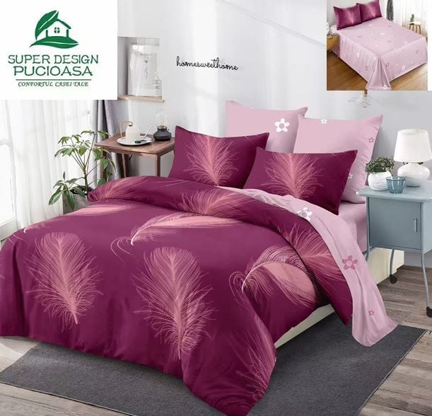 Lenjerie Premium Multicolor din Bumbac Finet cu 6 Piese pentru pat dublu