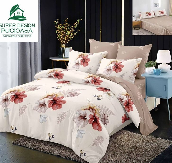 Lenjerie Premium Multicolor din Bumbac Finet cu 6 Piese pentru pat dublu