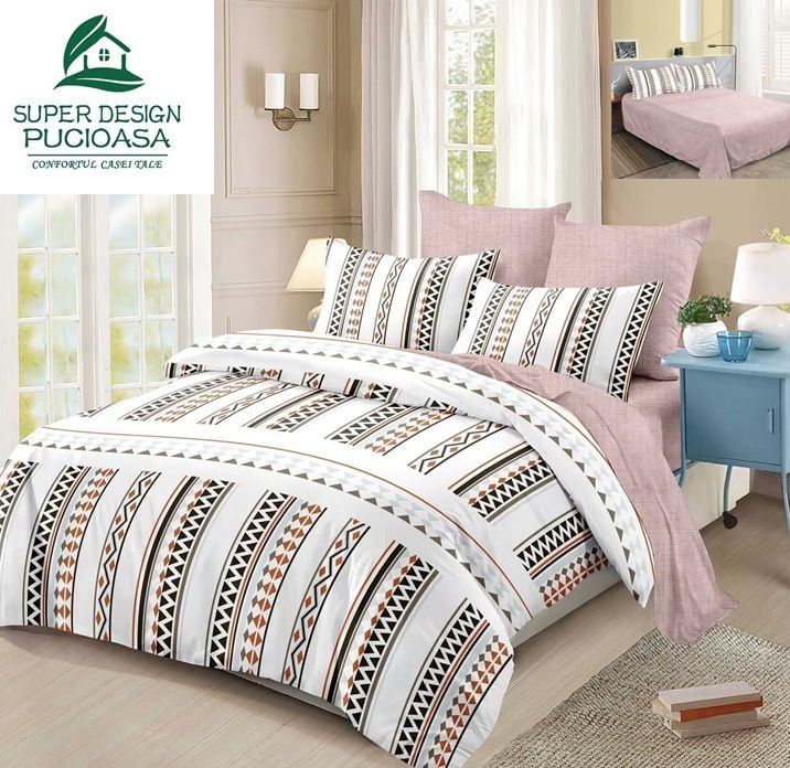 Lenjerie Premium Multicolor din Bumbac Finet cu 6 Piese pentru pat dublu