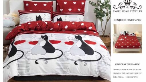 Lenjerie cu Elastic din Bumbac tip Finet pentru Pat Dublu, 4 Piese, cu 2 Fete de Perna