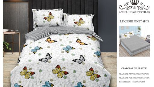 Lenjerie cu Elastic din Bumbac tip Finet pentru Pat Dublu, 4 Piese, cu 2 Fete de Perna