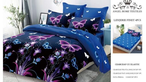 Lenjerie cu Elastic din Bumbac tip Finet pentru Pat Dublu, 4 Piese, cu 2 Fete de Perna