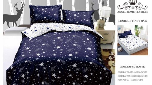 Lenjerie cu Elastic din Bumbac tip Finet pentru Pat Dublu, 4 Piese, cu 2 Fete de Perna