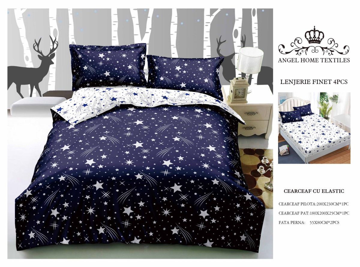 Lenjerie cu Elastic din Bumbac tip Finet pentru Pat Dublu, 4 Piese, cu 2 Fete de Perna