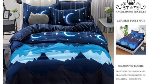 Lenjerie cu Elastic din Bumbac tip Finet pentru Pat Dublu, 4 Piese, cu 2 Fete de Perna