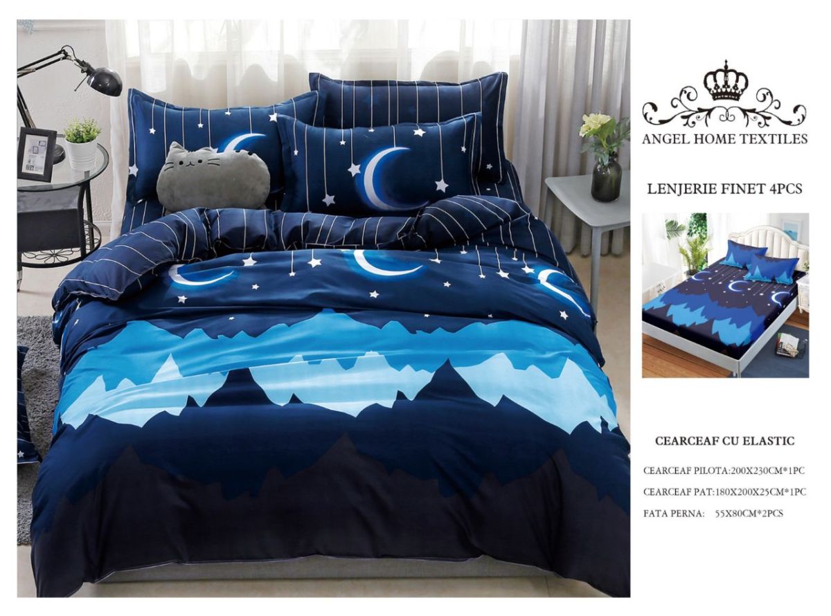 Lenjerie cu Elastic din Bumbac tip Finet pentru Pat Dublu, 4 Piese, cu 2 Fete de Perna