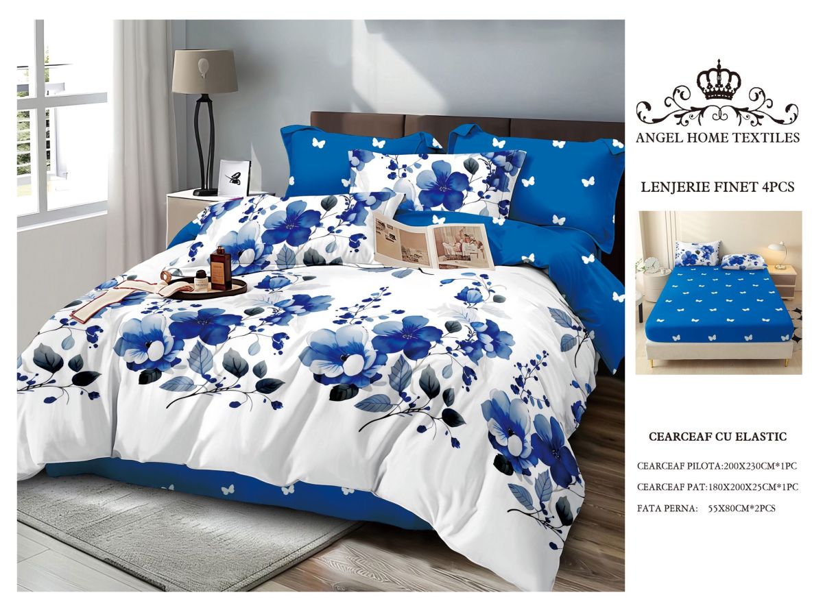 Lenjerie cu Elastic din Bumbac tip Finet pentru Pat Dublu, 4 Piese, cu 2 Fete de Perna