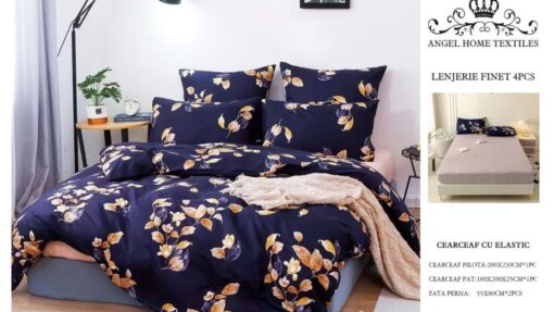 Lenjerie cu Elastic din Bumbac tip Finet pentru Pat Dublu, 4 Piese, cu 2 Fete de Perna