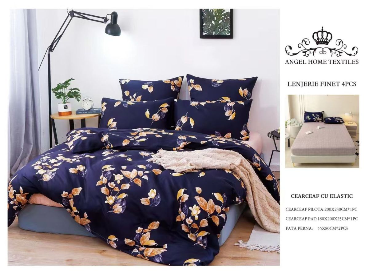 Lenjerie cu Elastic din Bumbac tip Finet pentru Pat Dublu, 4 Piese, cu 2 Fete de Perna