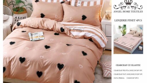Lenjerie cu Elastic din Bumbac tip Finet pentru Pat Dublu, 4 Piese, cu 2 Fete de Perna