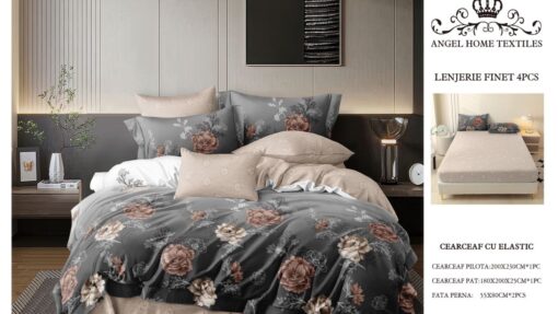 Lenjerie cu Elastic din Bumbac tip Finet pentru Pat Dublu, 4 Piese, cu 2 Fete de Perna