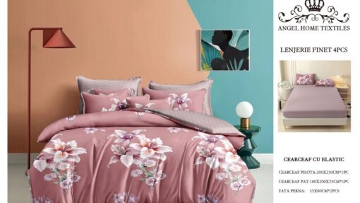 Lenjerie cu Elastic din Bumbac tip Finet pentru Pat Dublu, 4 Piese, cu 2 Fete de Perna