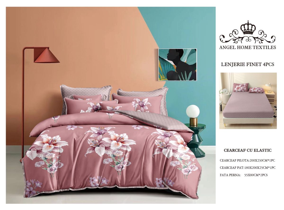 Lenjerie cu Elastic din Bumbac tip Finet pentru Pat Dublu, 4 Piese, cu 2 Fete de Perna