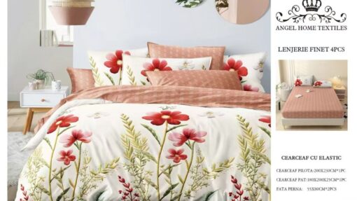 Lenjerie cu Elastic din Bumbac tip Finet pentru Pat Dublu, 4 Piese, cu 2 Fete de Perna