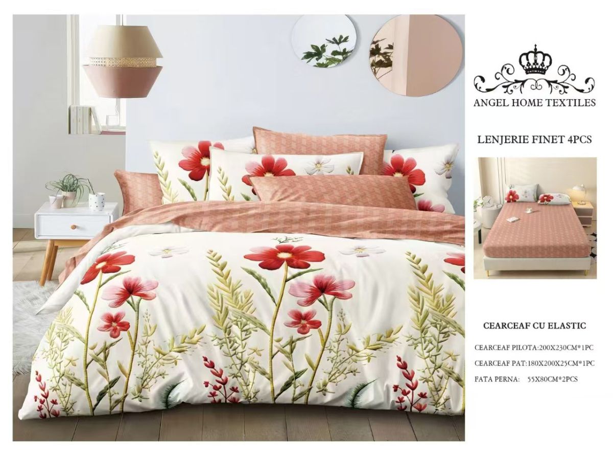 Lenjerie cu Elastic din Bumbac tip Finet pentru Pat Dublu, 4 Piese, cu 2 Fete de Perna