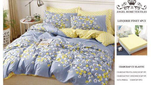 Lenjerie cu Elastic din Bumbac tip Finet pentru Pat Dublu, 4 Piese, cu 2 Fete de Perna