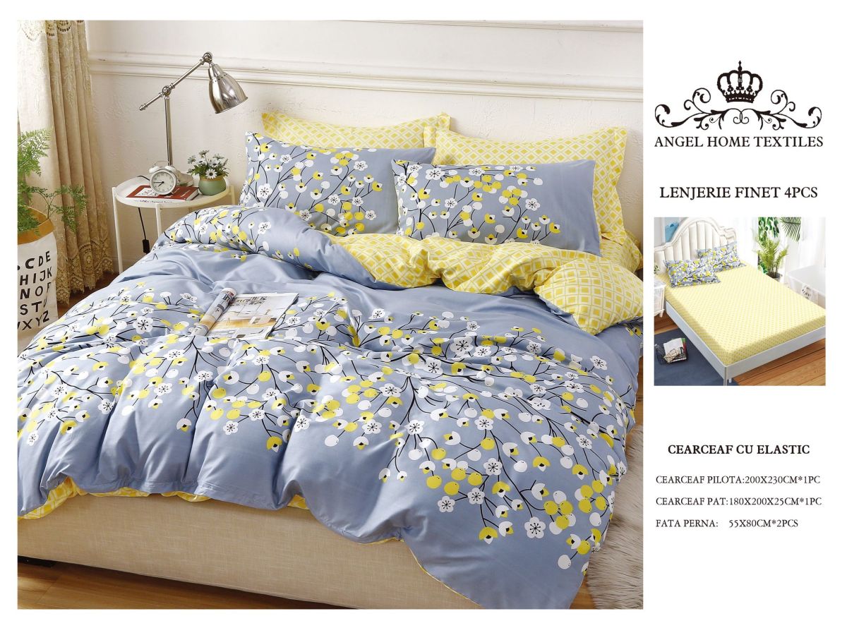 Lenjerie cu Elastic din Bumbac tip Finet pentru Pat Dublu, 4 Piese, cu 2 Fete de Perna