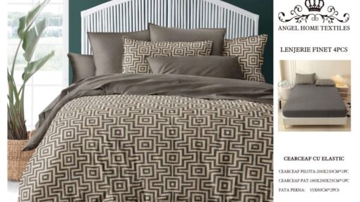 Lenjerie cu Elastic din Bumbac tip Finet pentru Pat Dublu, 4 Piese, cu 2 Fete de Perna